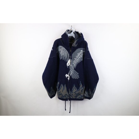 Vtg 90s Streetwear Mens Large Wool Blend Knit Eagle All Over Print Hoodie Jacket